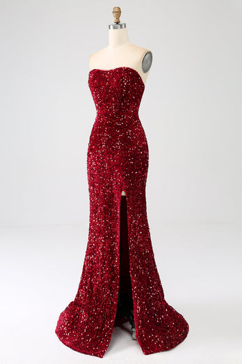 Red Strapless Sequins Long Mermaid Formal Dress With Slit