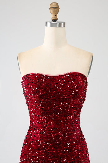 Red Strapless Sequins Long Mermaid Formal Dress With Slit