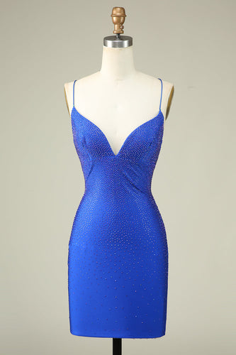 Sexy V Neck Blue Spaghetti Straps Semi Formal Dress With Beading