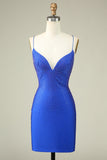 Sexy V Neck Blue Spaghetti Straps Semi Formal Dress With Beading