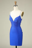 Sexy V Neck Blue Spaghetti Straps Semi Formal Dress With Beading