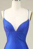 Sexy V Neck Blue Spaghetti Straps Semi Formal Dress With Beading