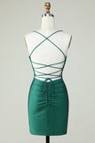 Sheath Spaghetti Straps Dark Green Short Formal Dress with Beading