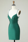 Sheath Spaghetti Straps Dark Green Short Formal Dress with Beading