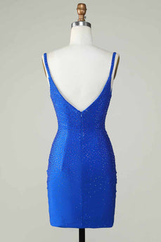 Bodycon Deep V Neck Royal Blue Short Formal Dress with Beading