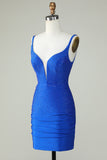 Bodycon Deep V Neck Royal Blue Short Formal Dress with Beading