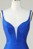 Bodycon Deep V Neck Royal Blue Short Formal Dress with Beading