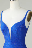 Bodycon Deep V Neck Royal Blue Short Formal Dress with Beading