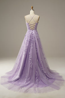 Appliques Purple Tulle Formal Dress