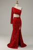 Load image into Gallery viewer, Mermaid One Shoulder Red Sequins Cut Out Formal Dress with Split Front