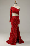 Mermaid One Shoulder Red Sequins Cut Out Formal Dress with Split Front