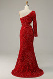 Mermaid One Shoulder Red Sequins Cut Out Formal Dress with Split Front