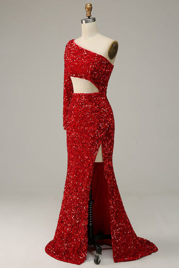 Mermaid One Shoulder Red Sequins Cut Out Formal Dress with Split Front