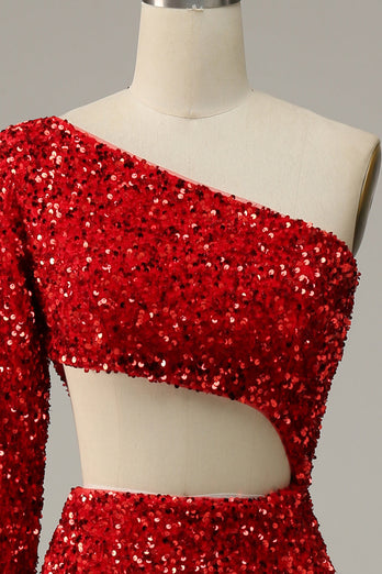 Mermaid One Shoulder Red Sequins Cut Out Formal Dress with Split Front