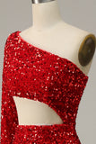 Mermaid One Shoulder Red Sequins Cut Out Formal Dress with Split Front