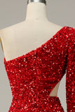 Mermaid One Shoulder Red Sequins Cut Out Formal Dress with Split Front