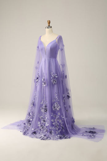 Purple Watteau Train Formal Dress With 3D Flowers