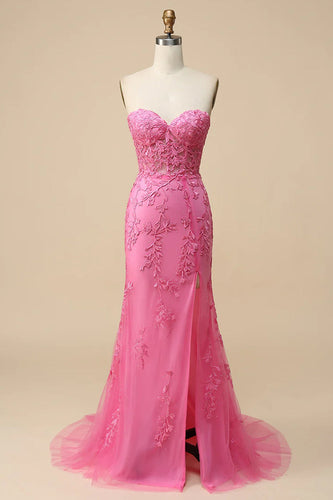 Pink Corset Sweetheart Long Lace Mermaid Formal Dress with Slit