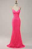 Mermaid Spaghetti Straps Sequined Hot Pink Long Formal Dress