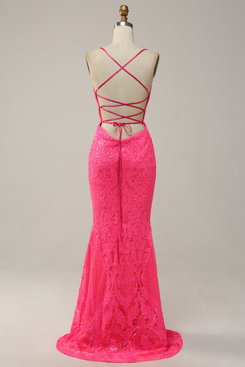 Mermaid Spaghetti Straps Sequined Hot Pink Long Formal Dress