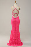 Mermaid Spaghetti Straps Sequined Hot Pink Long Formal Dress