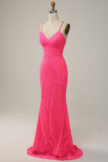 Mermaid Spaghetti Straps Sequined Hot Pink Long Formal Dress