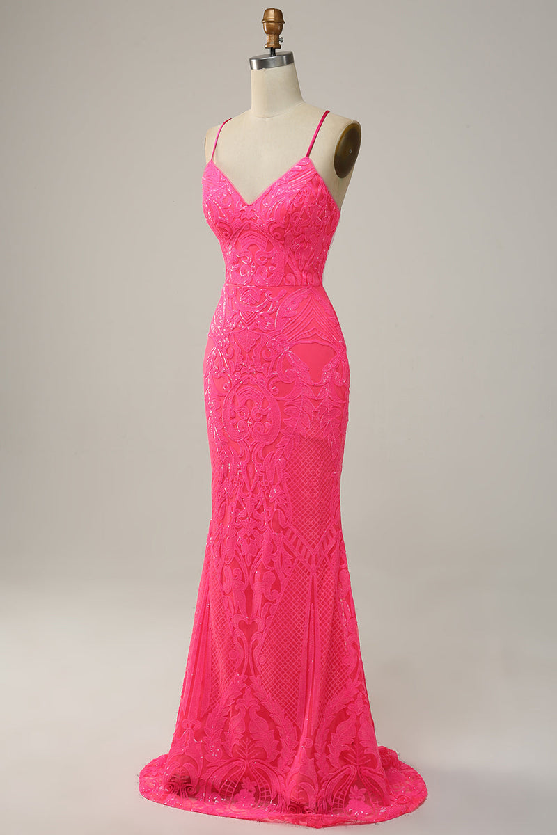 Load image into Gallery viewer, Mermaid Spaghetti Straps Sequined Hot Pink Long Formal Dress