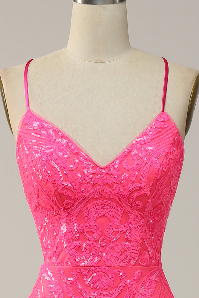 Load image into Gallery viewer, Mermaid Spaghetti Straps Sequined Hot Pink Long Formal Dress