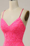 Mermaid Spaghetti Straps Sequined Hot Pink Long Formal Dress