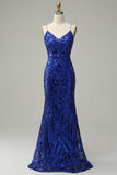 Mermaid Spaghetti Straps Royal Blue Sequins Long Formal Dress with Criss Cross Back