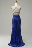 Load image into Gallery viewer, Mermaid Spaghetti Straps Royal Blue Sequins Long Formal Dress with Criss Cross Back