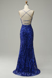 Mermaid Spaghetti Straps Royal Blue Sequins Long Formal Dress with Criss Cross Back