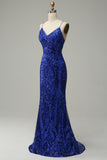 Mermaid Spaghetti Straps Royal Blue Sequins Long Formal Dress with Criss Cross Back