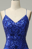 Mermaid Spaghetti Straps Royal Blue Sequins Long Formal Dress with Criss Cross Back