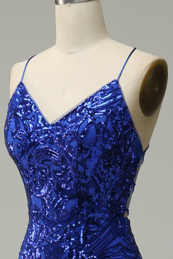 Mermaid Spaghetti Straps Royal Blue Sequins Long Formal Dress with Criss Cross Back