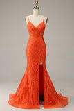 Mermaid Spaghetti Straps Orange Long Formal Dress with Split Front