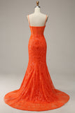 Mermaid Spaghetti Straps Orange Long Formal Dress with Split Front