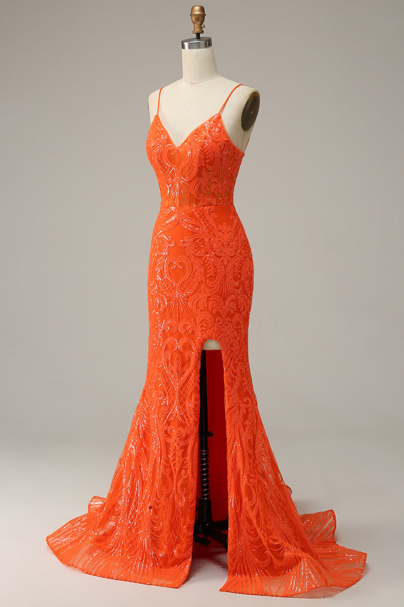 Load image into Gallery viewer, Mermaid Spaghetti Straps Orange Long Formal Dress with Split Front