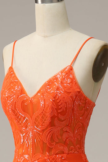 Mermaid Spaghetti Straps Orange Long Formal Dress with Split Front