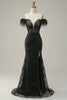 Load image into Gallery viewer, Mermaid Off the Shoulder Black Long Formal Dress with Feather