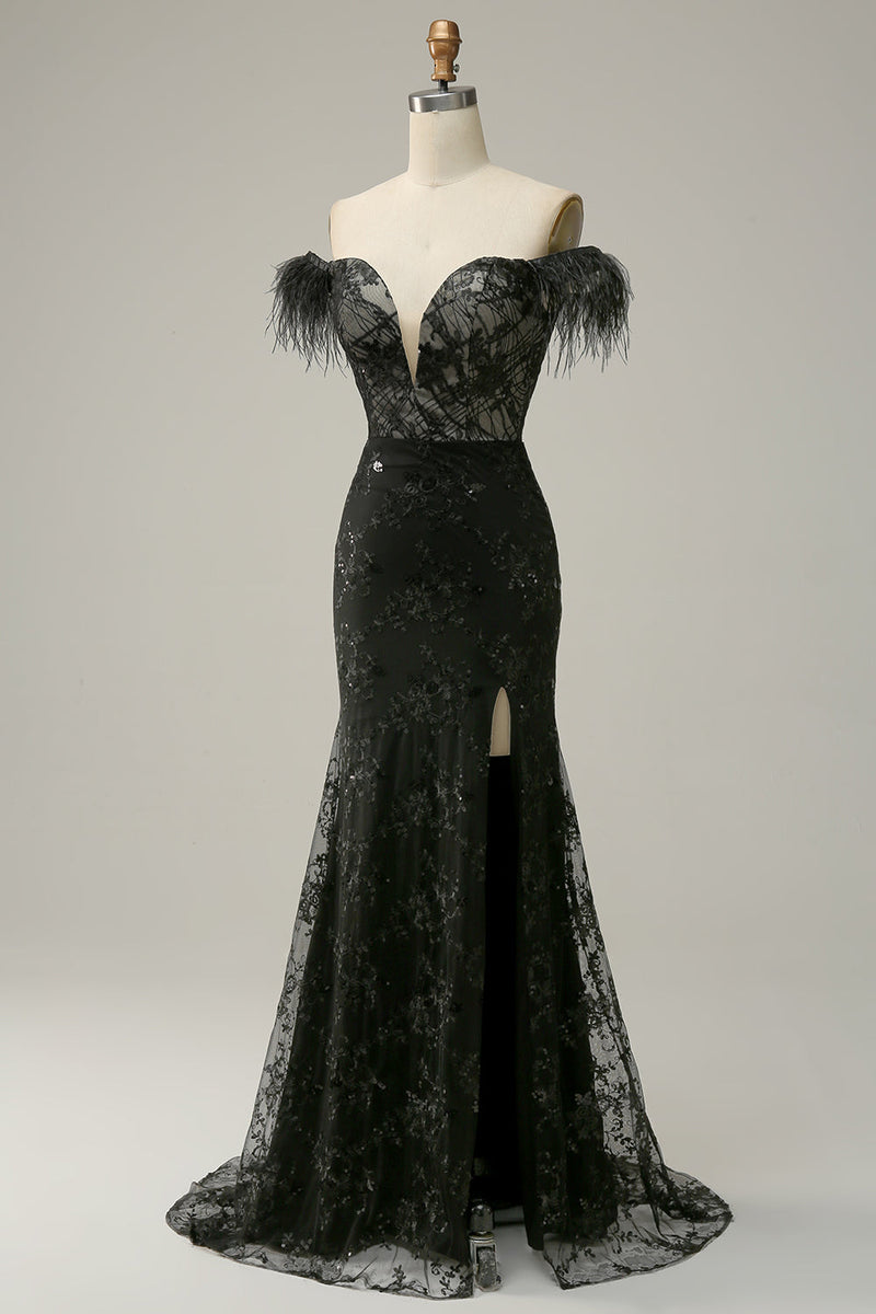 Load image into Gallery viewer, Mermaid Off the Shoulder Black Long Formal Dress with Feather