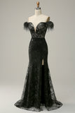 Mermaid Off the Shoulder Black Long Formal Dress with Feather