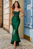 Trendy Mermaid Halter Neck Dark Green Long Formal Dress with Appliques Beading