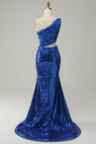 Mermaid One Shoulder Royal Blue Sequins Cut Out Formal Dress with Split Front