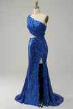 Mermaid One Shoulder Royal Blue Sequins Cut Out Formal Dress with Split Front