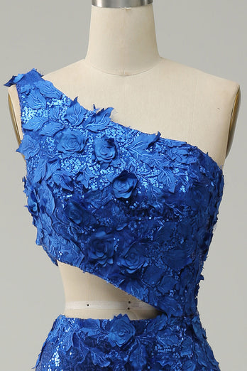 Mermaid One Shoulder Royal Blue Sequins Cut Out Formal Dress with Split Front