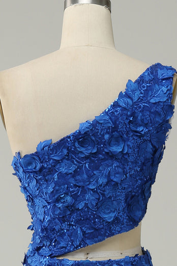 Mermaid One Shoulder Royal Blue Sequins Cut Out Formal Dress with Split Front
