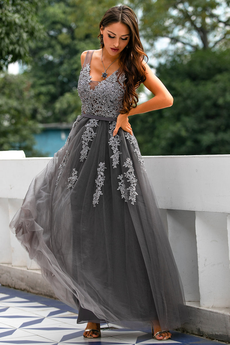 Load image into Gallery viewer, Grey Tulle Prom Dress with Appliques
