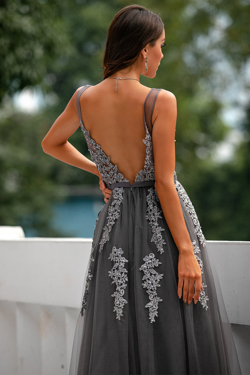 Load image into Gallery viewer, Grey Appliques Prom Dress