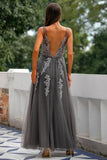 Grey Tulle Prom Dress with Appliques